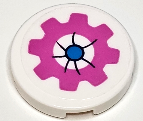 Tile, Round 2 x 2 with Bottom Stud Holder with Cushion with Dark Pink Gear, Dark Azure Button and Black Creases Pattern (Sticker) - Set 41402
