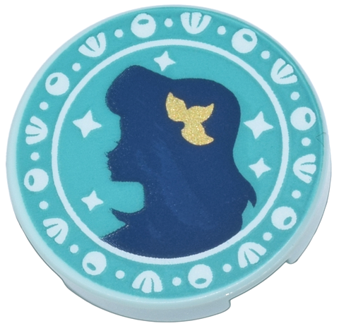 Tile, Round 2 x 2 with Bottom Stud Holder with Dark Blue Ariel Silhouette, Gold Flower, and White Seashells on Dark Turquoise Background Pattern