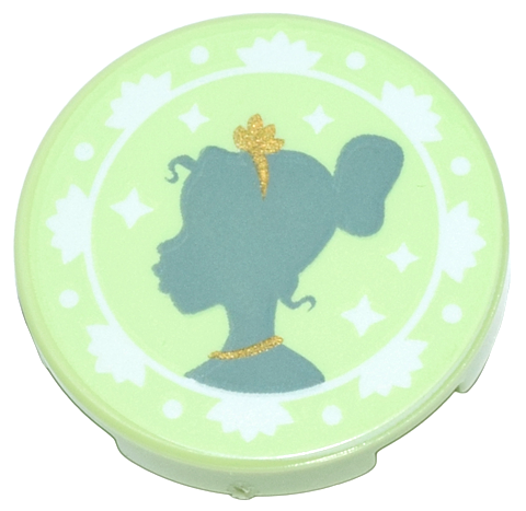 Tile, Round 2 x 2 with Bottom Stud Holder with Sand Green Tiana Silhouette, Gold Tiara and Necklace, and White Flowers Pattern