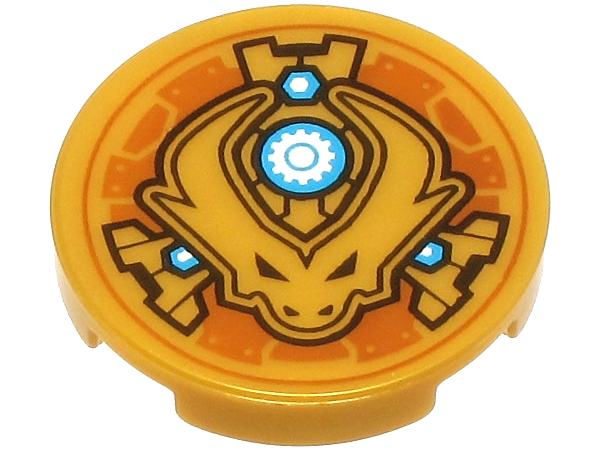 Tile, Round 2 x 2 with Bottom Stud Holder with Dragon Head with Horns and Black Eyes, Dark Azure and White Nuts and Gear in Circle Pattern