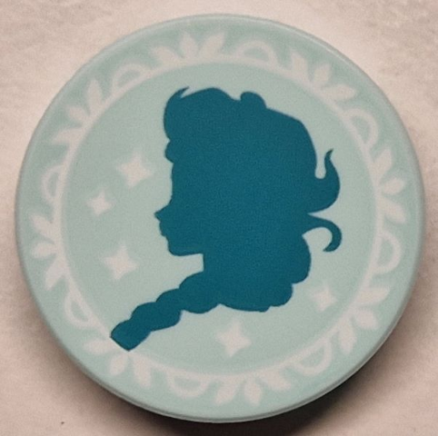 Tile, Round 2 x 2 with Bottom Stud Holder with Dark Turquoise Elsa Silhouette and White Frame and Sparkles Pattern