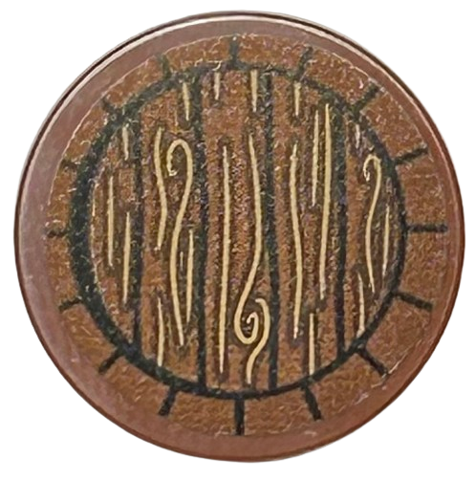 Tile, Round 2 x 2 with Bottom Stud Holder with Tan Wood Grain, Black Circle and Lines Pattern (Sticker) - Set 76412