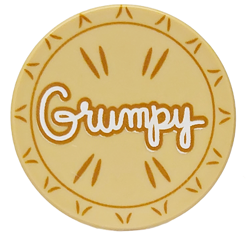 Tile, Round 2 x 2 with Bottom Stud Holder with White 'Grumpy', Dark Tan Outline and Lines (Pie Lid) Pattern