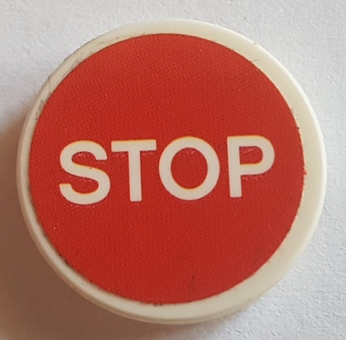 Tile, Round 2 x 2 with Bottom Stud Holder with 'STOP' on Red Background Pattern (Sticker) - Set 75883