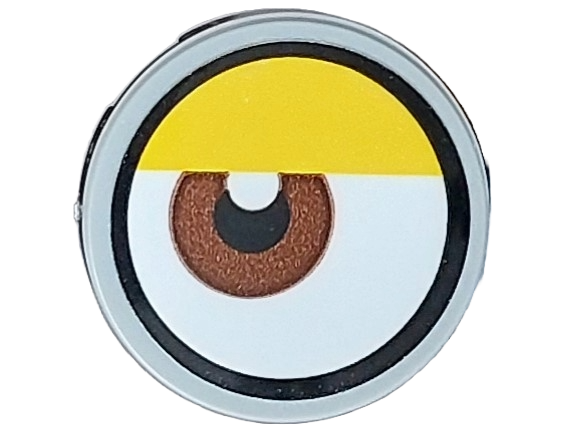 Tile, Round 2 x 2 with Bottom Stud Holder with White Eye with Off-Center Reddish Brown Iris and Partially Closed Yellow Eyelid Pattern 1 (Sticker) - Set 75582