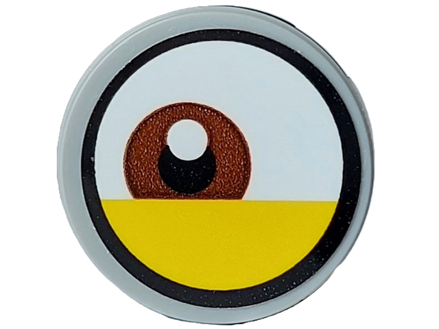 Tile, Round 2 x 2 with Bottom Stud Holder with White Eye with Off-Center Reddish Brown Iris and Partially Closed Yellow Eyelid Pattern 2 (Sticker) - Set 75582