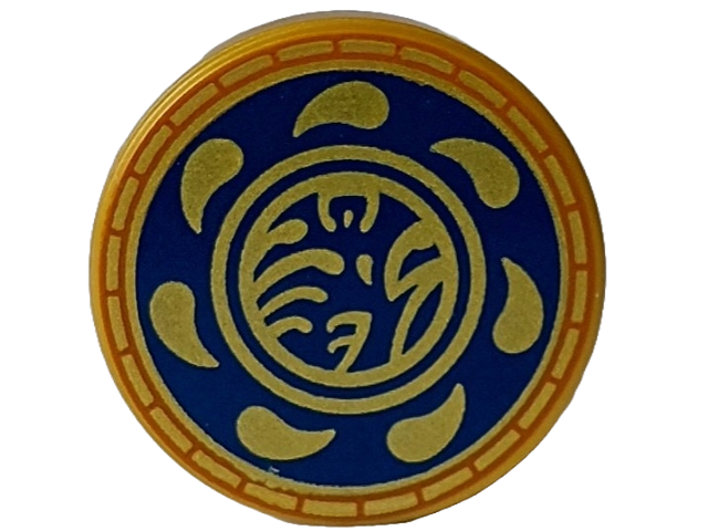 Tile, Round 2 x 2 with Bottom Stud Holder with Gold Ninjago Logogram 'T OF S' and Blades / Drops in Dark Blue Circle with Dark Orange Edge Pattern