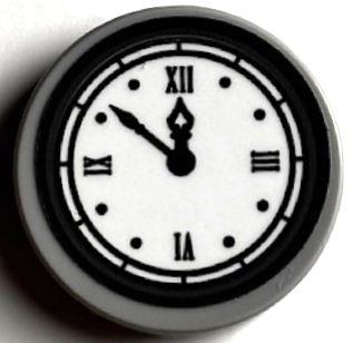 Tile, Round 2 x 2 with Bottom Stud Holder with Clock Face (Time 11:52) with Black Border, Hands and Roman Numerals on White Background Pattern (Sticker) - Set 60216