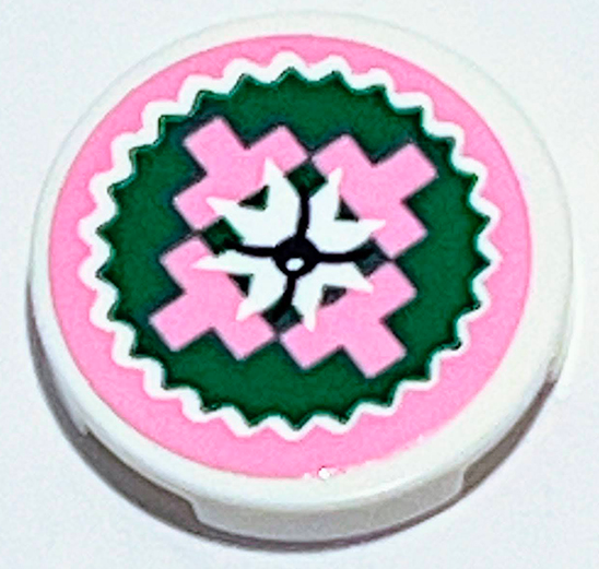 Tile, Round 2 x 2 with Bottom Stud Holder with Cushion with Star, Bright Pink T-Shapes and Black Button on Green Background Pattern (Sticker) - Set 41702