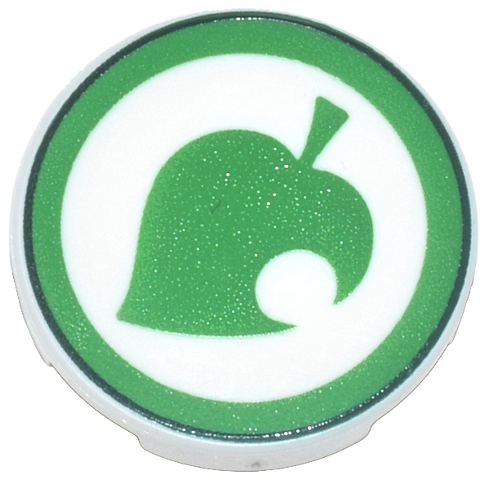 Tile, Round 2 x 2 with Bottom Stud Holder with Bright Green Leaf with Circle Cutout and Dark Green Border Pattern (Animal Crossing New Leaf Logo)