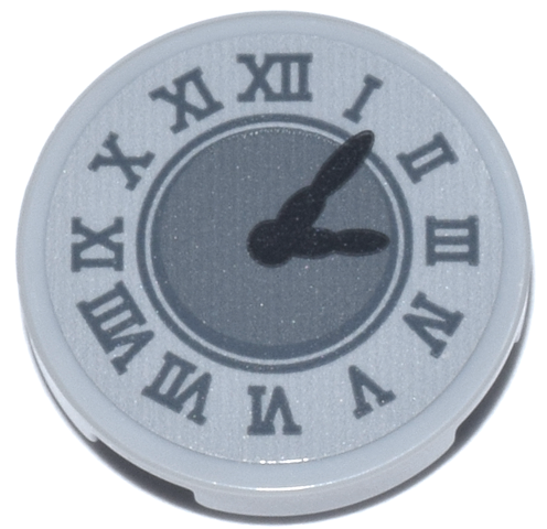 Tile, Round 2 x 2 with Bottom Stud Holder with Clock Face with Black Hands and Dark Bluish Gray Roman Numerals Pattern (Sticker) - Set 76271