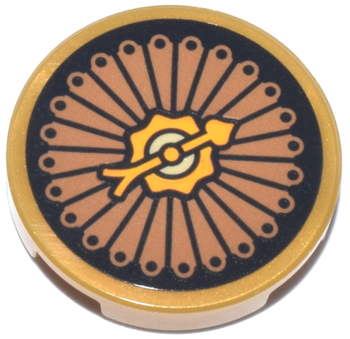 Tile, Round 2 x 2 with Bottom Stud Holder with Medium Nougat and Black Clock Face and Bright Light Orange Hand Pattern (Sticker) - Set 76437