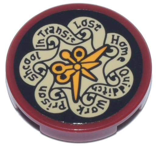 Tile, Round 2 x 2 with Bottom Stud Holder with Black and Tan Clock Face with Weasley Family Locations and Bright Light Orange Hands Pattern (Sticker) - Set 76437