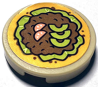 Tile, Round 2 x 2 with Bottom Stud Holder with Taco with Lettuce, Meat, Tomato and Avocado Slices Pattern (Sticker) - Set 41747