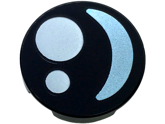 Tile, Round 2 x 2 with Bottom Stud Holder with Eye with White Circles and Metallic Light Blue Crescent Pattern