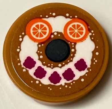 Tile, Round 2 x 2 with Bottom Stud Holder with Cake with Smiley Face, White Frosting, Magenta Raspberries and Orange Slices Pattern (Sticker) - Set 43231