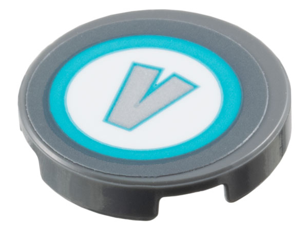 Tile, Round 2 x 2 with Bottom Stud Holder with Silver Capital Letter V in White Circle and Medium Azure Border Pattern (Sticker) - Set 77073