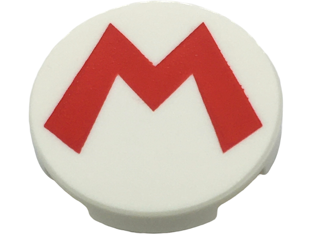 Tile, Round 2 x 2 with Bottom Stud Holder with Super Mario Logo Red Capital Letter M Pattern