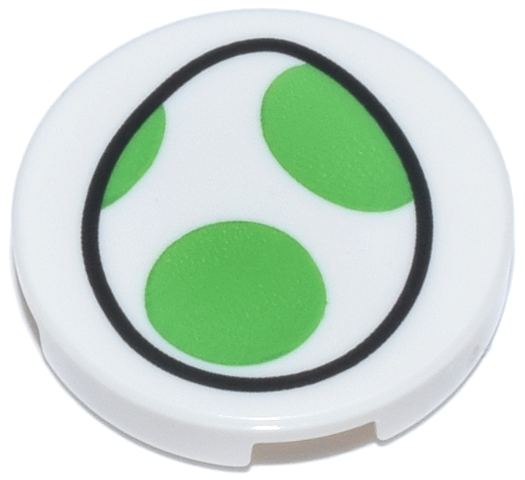 Tile, Round 2 x 2 with Bottom Stud Holder with Egg with Bright Green Spots Pattern (Super Mario Yoshi Logo)