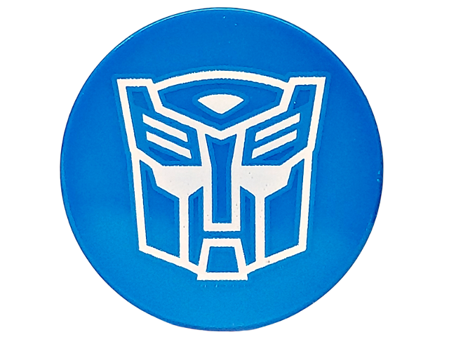 Tile, Round 2 x 2 with Bottom Stud Holder with White Robot Mask Transformers Autobot Symbol Pattern (BrickHeadz Optimus Prime Robot Ear)