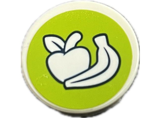 Tile, Round 2 x 2 with Bottom Stud Holder with Apple and Banana with Black Outline on Lime Background Pattern (Sticker) - Set 41712
