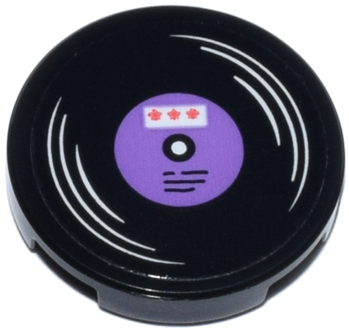 Tile, Round 2 x 2 with Bottom Stud Holder with Vinyl Record with Medium Lavender Label, Coral Stars, White Highlights Pattern (Sticker) - Set 42647
