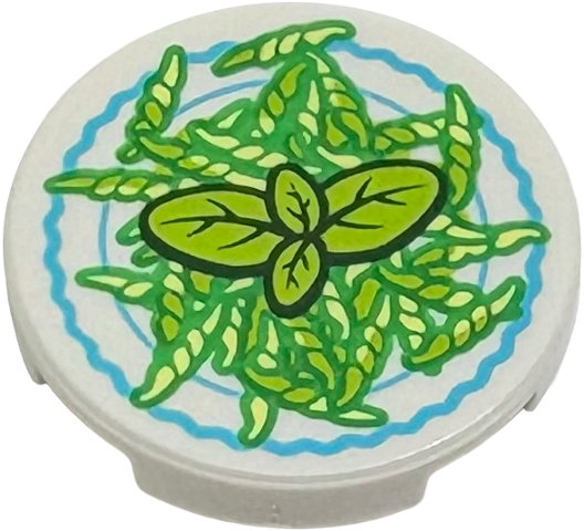 Tile, Round 2 x 2 with Bottom Stud Holder with Dish with Green and Bright Light Yellow Pasta and Lime Basil Leaves Pattern