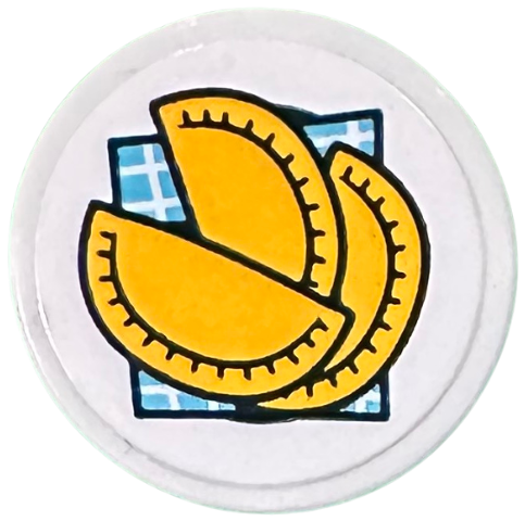 Tile, Round 2 x 2 with Bottom Stud Holder with Bright Light Orange Empanadas on Medium Azure Checkered Background Pattern (Sticker) - Set 41735