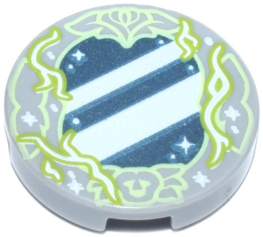 Tile, Round 2 x 2 with Bottom Stud Holder with Metallic Light Blue Mirror with White Reflections and Sparkles, Yellowish Green and Lime Border with Branches and Flowers Pattern