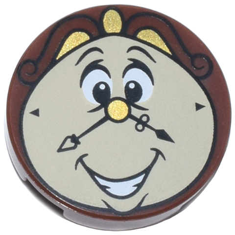 Tile, Round 2 x 2 with Bottom Stud Holder with Smiling Tan Clock Face, Gold Nose and Trim, Black Hands and Scrolls, Open Mouth with Teeth Pattern (Cogsworth)