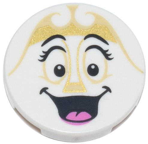 Tile, Round 2 x 2 with Bottom Stud Holder with Tan and Gold Scrolls, Eyes and Nose, Black Eyebrows and Eyelashes, Open Mouth Smile with Dark Pink Tongue Pattern (Wardrobe Face)