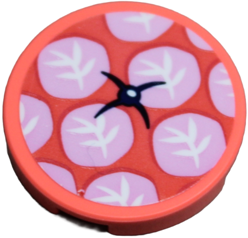 Tile, Round 2 x 2 with Bottom Stud Holder with Coral Cushion with White Leaves on Bright Pink Circles Pattern (Sticker) - Set 42609