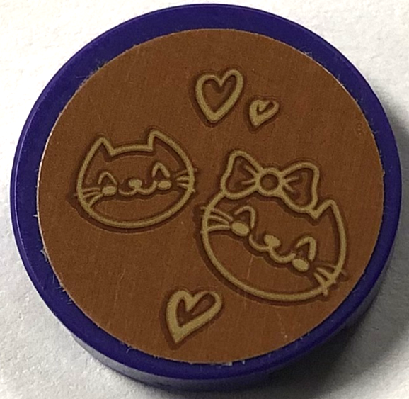 Tile, Round 2 x 2 with Bottom Stud Holder with Cats and Hearts Carving on Medium Nougat Background Pattern (Sticker) - Set 41445