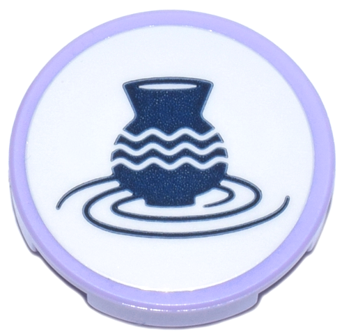 Tile, Round 2 x 2 with Bottom Stud Holder with Ceramic Studio Plaque with Dark Blue Vase and Rotating Spirals on White Background Pattern (Sticker) - Set 42670