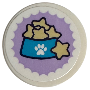 Tile, Round 2 x 2 with Bottom Stud Holder with Medium Azure Pet Bowl and Tan Stars on Medium Lavender Scalloped Circle Pattern (Sticker) - Set 41718