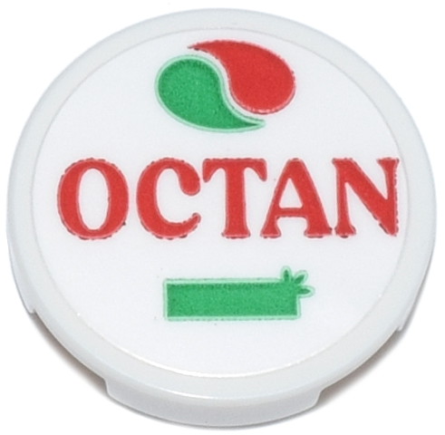 Tile, Round 2 x 2 with Bottom Stud Holder with Red and Green 'OCTAN' and Logo Pattern (Sticker) - Set 910040