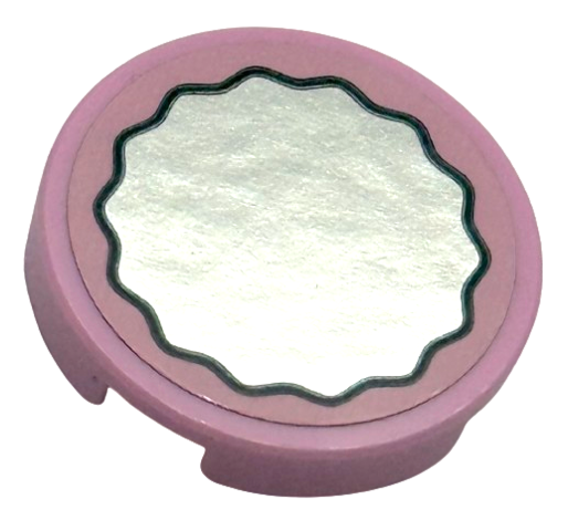 Tile, Round 2 x 2 with Bottom Stud Holder with Silver Mirror with Black Scalloped Border Pattern (Sticker) - Set 75683