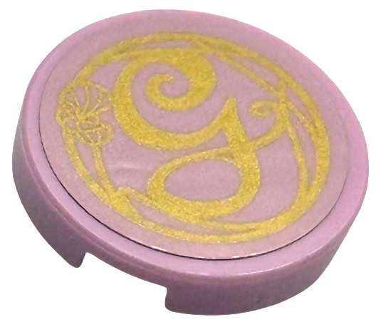 Tile, Round 2 x 2 with Bottom Stud Holder with Gold Script Capital Letter G (Glinda) and Flower on Bright Pink Background Pattern (Sticker) - Set 75683