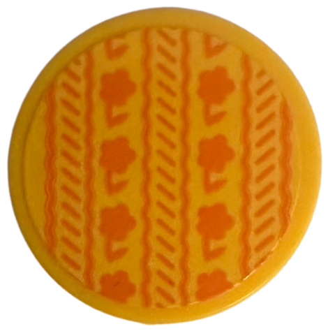 Tile, Round 2 x 2 with Bottom Stud Holder with Cushion with Orange Flowers and Scalloped Lines Pattern (Sticker) - Set 76781