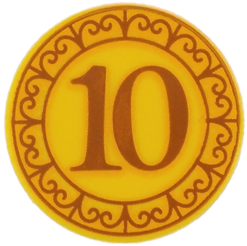 Tile, Round 2 x 2 with Bottom Stud Holder with Coin with Dark Orange and Bright Light Orange '10' and Border with Filigree Pattern