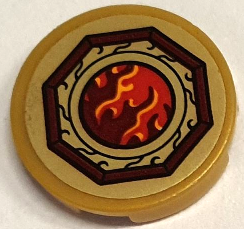 Tile, Round 2 x 2 with Bottom Stud Holder with Bright Light Orange, Dark Red and Red Flames with Reddish Brown Octagonal Border Pattern (Sticker) - Set 80039