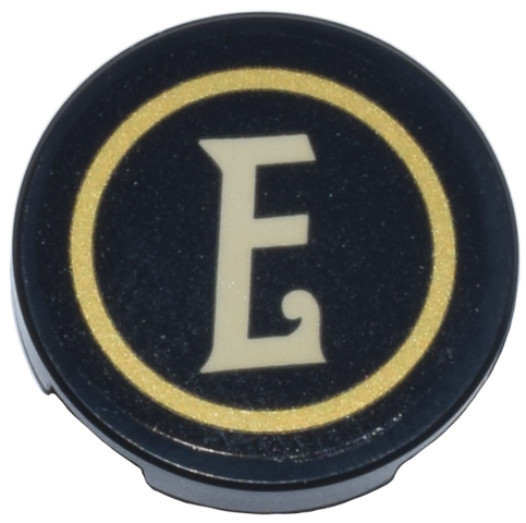 Tile, Round 2 x 2 with Bottom Stud Holder with Gold Circle and Tan Letter E Pattern (Sticker) - Set 10351