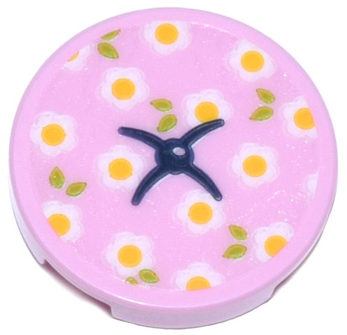 Tile, Round 2 x 2 with Bottom Stud Holder with Cushion with Dark Blue Button, White and Bright Light Orange Flowers and Lime Leaves Pattern (Sticker) - Set 42671