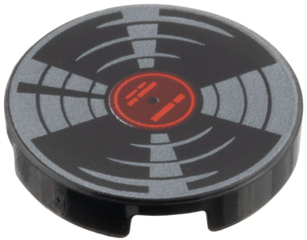 Tile, Round 2 x 2 with Bottom Stud Holder with Vinyl Record with Red and Dark Red Label and Dark Silver Highlights Pattern