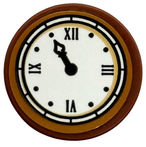 Tile, Round 2 x 2 with Bottom Stud Holder with White Clock Face with Black Hand and Roman Numerals, Tan Inner Circle and Medium Nougat Edge Pattern (Sticker) - Set 76450