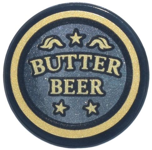 Tile, Round 2 x 2 with Bottom Stud Holder with Gold 'BUTTER BEER' and Stars on Mirrored Background Pattern (Sticker) - Set 76457