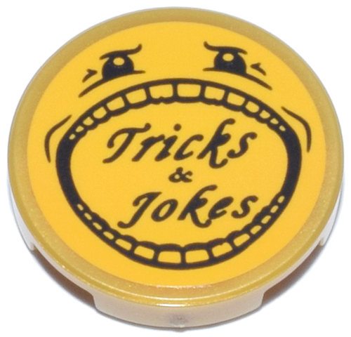 Tile, Round 2 x 2 with Bottom Stud Holder with Black Eyes, Wide Open Mouth with Teeth and 'Tricks & Jokes' Pattern (Sticker) - Set 76457