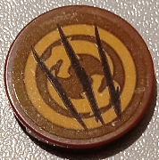 Tile, Round 2 x 2 with Bottom Stud Holder with Dark Orange Dragon Heads in Circle and Scratch Marks Pattern (Sticker) - Set 75971