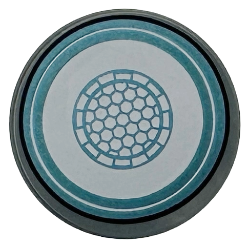 Tile, Round 2 x 2 with Bottom Stud Holder with White Arc Reactor Core with Metallic Light Blue Rings, Honeycomb Center, and Black Outer Ring Pattern