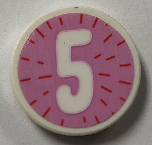 Tile, Round 2 x 2 with Bottom Stud Holder with Number 5 on Bright Pink Background Pattern (Sticker) - Set 41926
